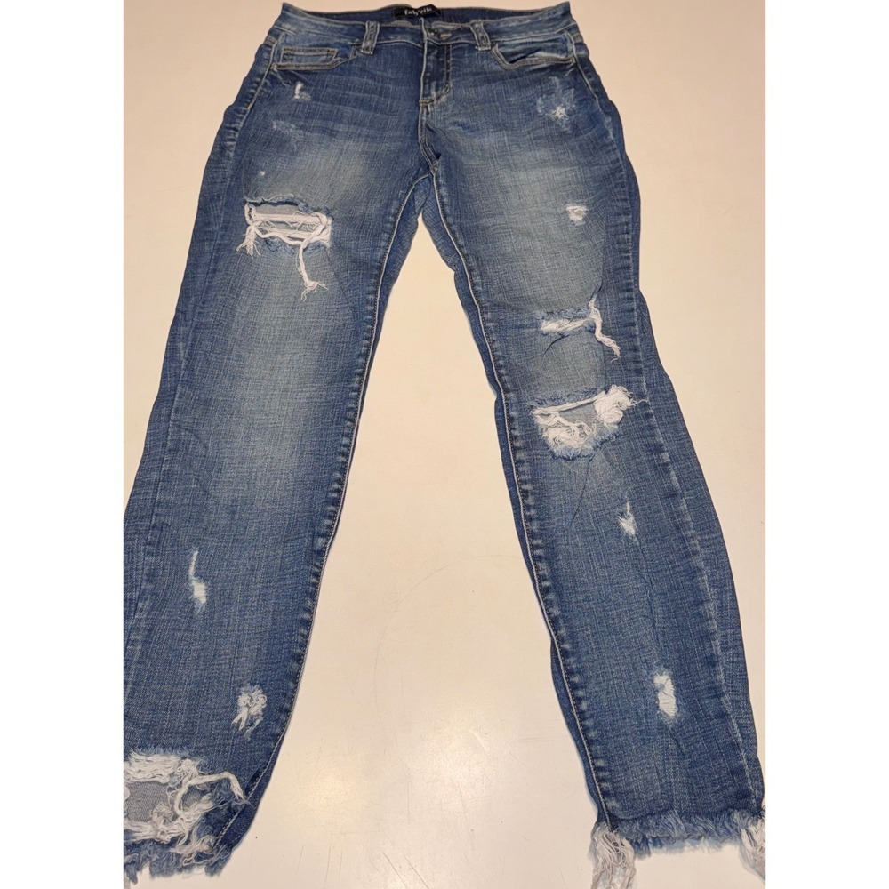 Fab'rik Women's Distressed Stretchy Skinny Jeans Size 3 Medium Wash Frayed Hem